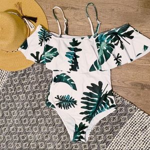 Off Shoulder Flounce One Piece Palm Leaf Swimsuit